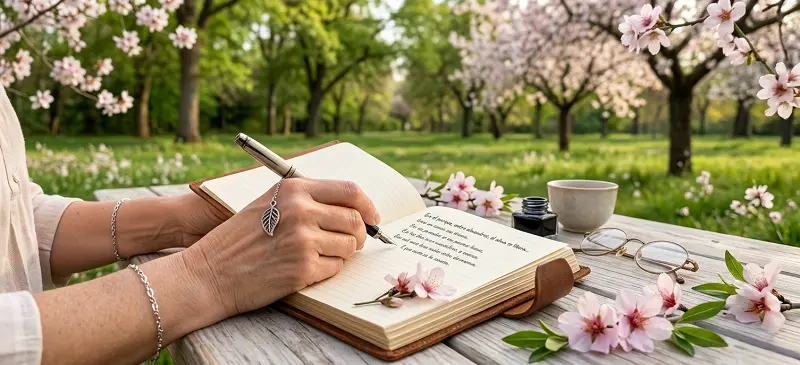 Dekoratives Bild: Eine Frau schreibt Poesie in einem Park